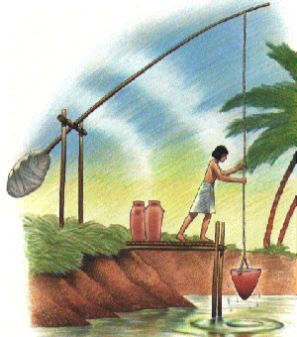 A painting of the shaduf collecting water