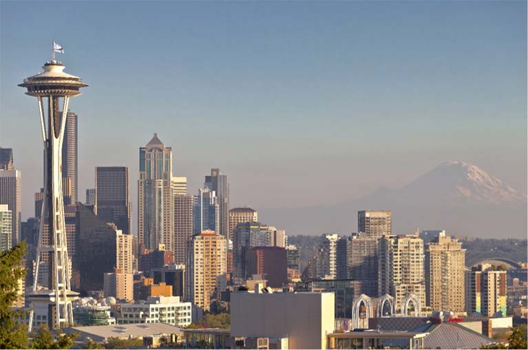 The Seattle Skyline - complete with mountains, skyscrapers and the famous Space Needle