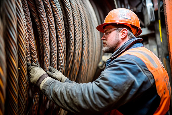 A worker inspects a large spool of wire rope.